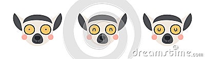 Cute funny lemur faces illustrations set. Vector Illustration