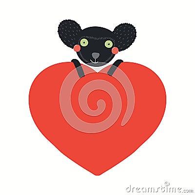 Cute funny lemur indri holding a big heart Vector Illustration