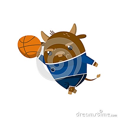 Cute funny little bull student playing basketball, pupil animal in a blue school uniform, back to school concept vector Vector Illustration