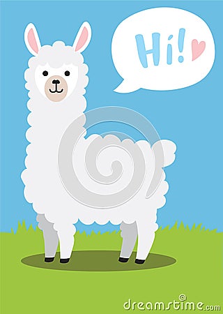 Cute funny llama cartoon. Lama vector drawing on a bright background saying hi, simple funny vector animal illustration. Vector Illustration