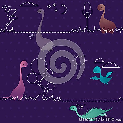 Cute funny lovely dino seamless pattern. Dinosaurs. Vector Illustration