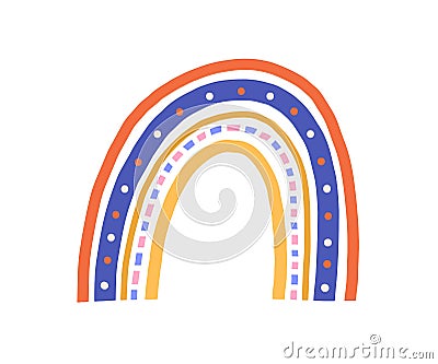 Cute funny magic rainbow isolated on white background. Sweet childish drawing of abstract Scandi arch. Children's doodle Vector Illustration