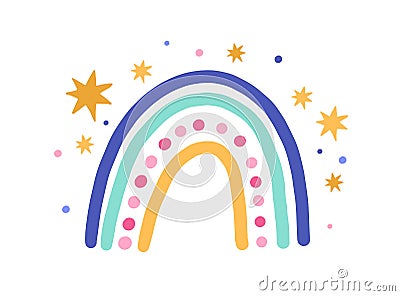Cute funny magic rainbow with stars isolated on white background. Sweet childish drawing of abstract Scandinavian Vector Illustration