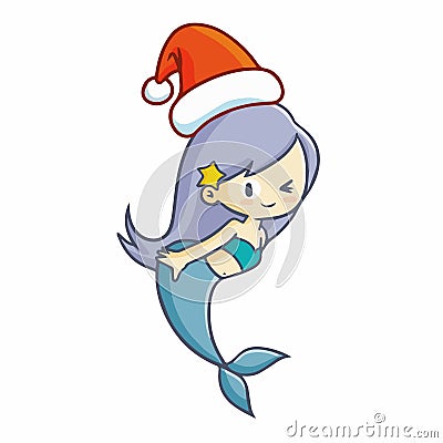 Cute and funny mermaid smiling, blinking her eye and wearing Santa`s hat for christmas Vector Illustration