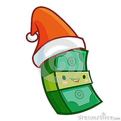 Cute and funny money laughing happily and wearing Santa`s hat for christmas Vector Illustration