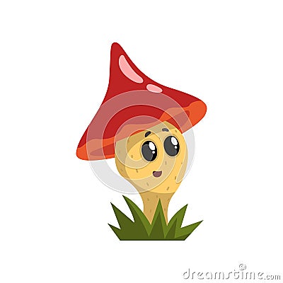 Cute funny mushroom character with red cap and funny face vector Illustration on a white background Vector Illustration