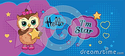 Cute funny owl on abstract background. Children`s cartoon illustration with fabulous animal or bird, heart, stars. Vector. Vector Illustration