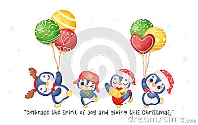 Cute and Funny Penguin Group Celebrating Christmas, Festive Watercolor Banner Stock Photo