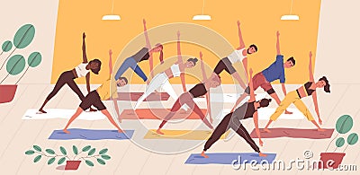 Cute funny people practicing yoga together. Group of smiling active men and women performing gymnastic exercise Vector Illustration