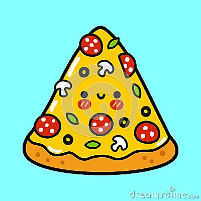 Cute funny piece of pizza. Vector hand drawn cartoon kawaii character illustration icon. Isolated on blue background Vector Illustration