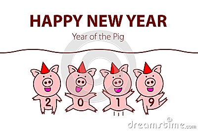 Cute funny pig. Happy New Year. Chinese symbol of the 2019 year. vector black line drawing four pigs dancing celebrating red art Vector Illustration