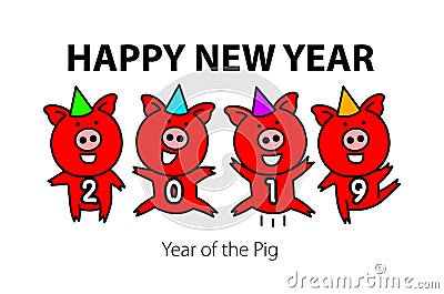 Cute funny pig. Happy New Year. Chinese symbol of the 2019 year. vector black line drawing four pigs dancing celebrating red Vector Illustration