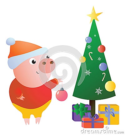 Cute funny piggy decorates the Christmas tree. Vector Illustration