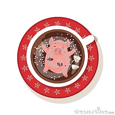 Cute and funny piglet chilling in a cup of winter drink isolated on white. Excellent for the design of postcard, poster Vector Illustration