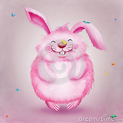 Cute funny pink rabbit with butterflies Stock Photo