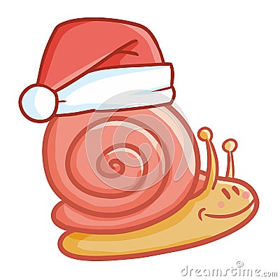 Cute and funny pink snail wearing Santa`s hat for Christmas Vector Illustration