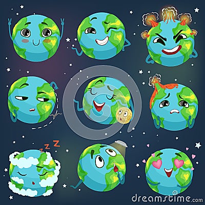 Cute funny planet Earth emoji showing different emotions set of colorful characters vector Illustrations Vector Illustration