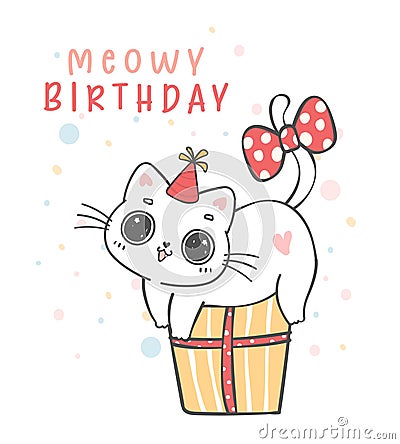 Cute funny playful white kitten cat on present box, meowy birthday cheerful pet animal cartoon doodle character drawing Vector Illustration