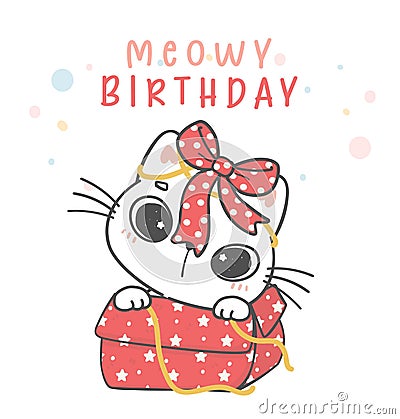 Cute funny playful white kitten cat surprised in present box, meowy birthday cheerful pet animal cartoon doodle character drawing Vector Illustration