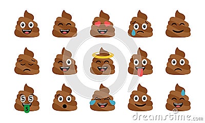 Cute funny poop set. Emotional shit icons. Happy emoji, emoticons Vector Illustration