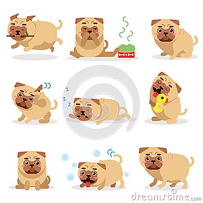 Cute funny pug dog activities during day set. Pug daily routine vector illustrations Vector Illustration