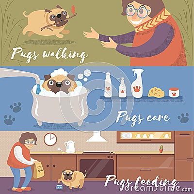 Cute funny pug dog in different situations, pugs walking, care and feeding colorful vector Illustrations Vector Illustration