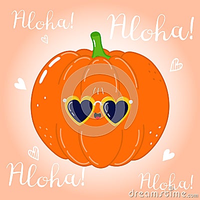 Cute funny Pumpkin character. Vector hand drawn cartoon kawaii character illustration icon. Isolated on pink background Vector Illustration