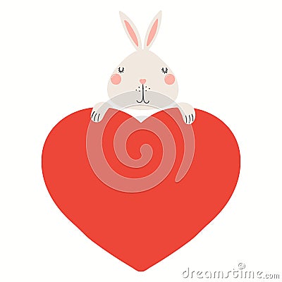 Cute funny rabbit holding a big heart, isolated Vector Illustration