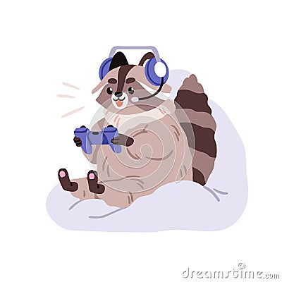 Cute funny raccoon playing video game. Happy gamer, excited animal character with console, controller during videogame Vector Illustration