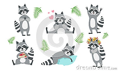 Cute Funny Raccoons Collection, Adorable Funny Forest Animal Character in Different Situations Vector Illustration Vector Illustration