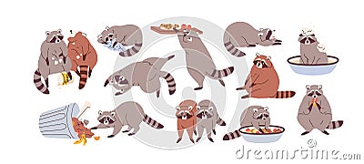 Cute funny raccoons set. Slow lazy racoon characters eating, overeating, sleeping and relaxing. Sluggish sleepy animal Vector Illustration