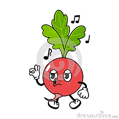 Cute funny radish walking singing character. Vector hand drawn traditional cartoon vintage, retro, kawaii character Vector Illustration