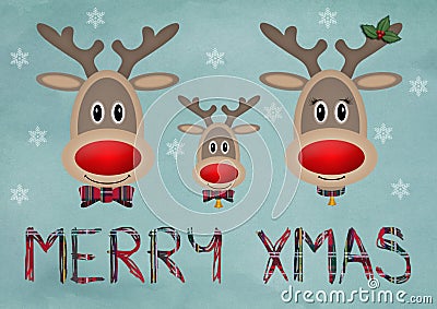 Cute funny reindeer family on blue vintage background with text merry christmas Stock Photo