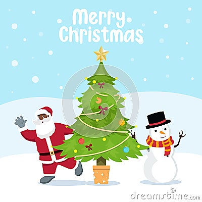 Cute funny Santa Claus hiding behind Christmas tree Vector Illustration