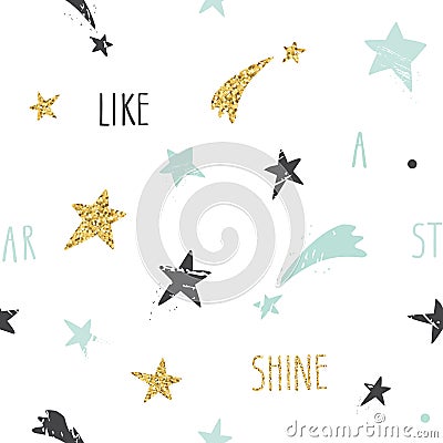 Cute funny seamless pattern background with hand drawn stars and inspirational handwritten quote Shine Like A Star. Glitter, paste Stock Photo