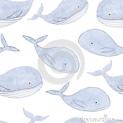 Cute and funny seamless pattern with blue whales on white background in cartoon style. Hand painted Watercolor illustration. Sea m Cartoon Illustration