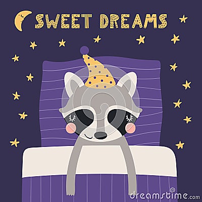 Cute funny sleeping raccoon with pillow, blanket Vector Illustration