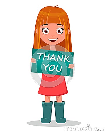 Cute funny smiling cartoon girl holding sign `Thank You`. Vector Illustration