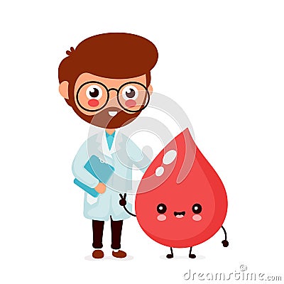 Cute funny smiling doctor hematologist and happy blood drop.Healthcare,medical help. Vector flat cartoon character icon design. Stock Photo