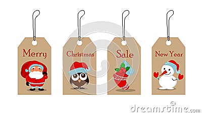 Cute funny Snowman, owlet in Christmas hat, empty Christmas sock with holly berry and Santa Claus with a bag full of gifts. Vector Illustration