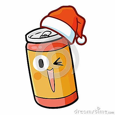 Cute and funny soda can wearing Santa`s hat for christmas, and laughing with blinking eye Vector Illustration