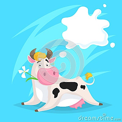 Cute funny spotted cow with milk splash frame. Lying and chews flower. Cartoon vector illustration on blue comic background. Vector Illustration