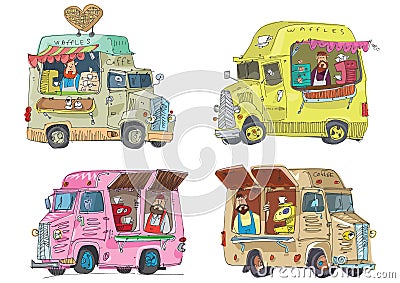 Cute and funny street food vans. Vector Illustration