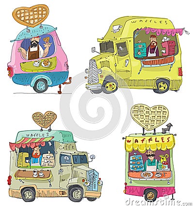 Cute and funny street food vans. Vector Illustration