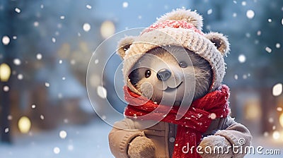 Cute funny teddy bear wearing a warm hat and red scarf on the background of a winter street. Horizontal Christmas card Stock Photo