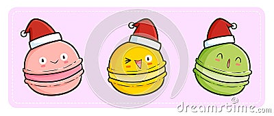 Cute and funny three kawaii macaron characters celebrating christmas Vector Illustration