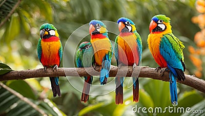 Cute funny tropical parrots on branch, leaves summer Stock Photo