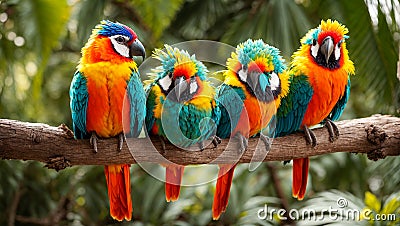 Cute funny tropical parrots on branch, leaves summer creative Stock Photo