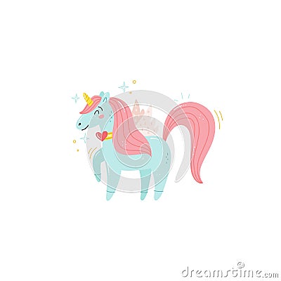 Cute funny unicorn card template vector illustration in hand draw style Vector Illustration