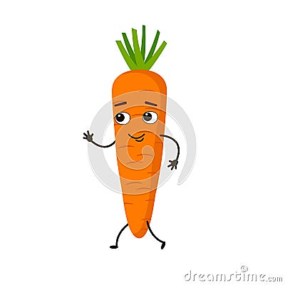 Cute funny vegetable waving his hands. Cartoon character carrot Vector Illustration